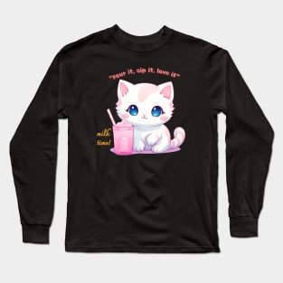 Aesthetic Kawaii Cat with milk Long Sleeve T-Shirt